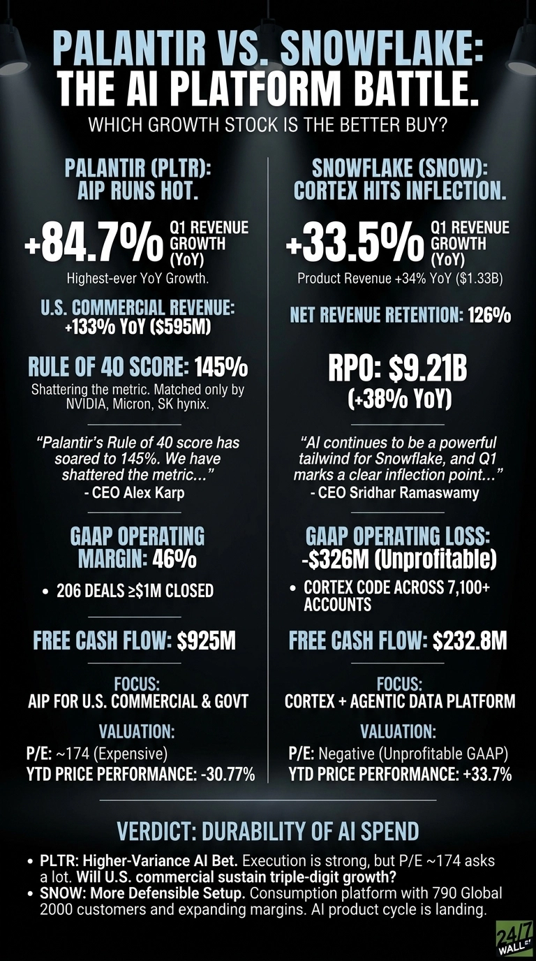 An infographic titled 'Palantir vs. Snowflake: The AI Platform Battle' comparing key financial and growth metrics for Palantir (PLTR) on the left and Snowflake (SNOW) on the right. For Palantir, metrics include Q1 Revenue Growth +84.7%, U.S. Commercial Revenue +133% ($595M), Rule of 40 Score 145%, GAAP Operating Margin 46%, Free Cash Flow $925M, P/E ~174 (Expensive), and YTD Price Performance -30.77%. For Snowflake, metrics include Q1 Revenue Growth +33.5% (Product Revenue +34% YoY ($1.33B)), Net Revenue Retention 126%, RPO $9.21B (+38% YoY), GAAP Operating Loss -$326M (Unprofitable), Free Cash Flow $232.8M, P/E Negative (Unprofitable GAAP), and YTD Price Performance +33.7%. The infographic also lists their respective focuses and concludes with a verdict on the durability of AI spend, presented in white text on a dark background with highlight colors for percentages.