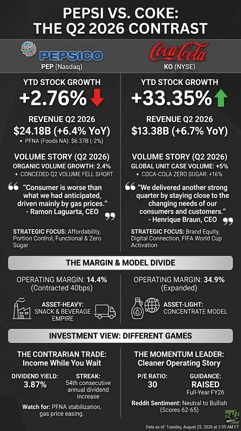 An infographic titled 'Pepsi vs. Coke: The Q2 2026 Contrast' on a dark background. It compares PepsiCo (PEP) on the left and Coca-Cola (KO) on the right across several financial and operational metrics for Q2 2026. Key comparisons include YTD Stock Growth (+2.76% with a red down arrow for PepsiCo, +33.35% with a green up arrow for Coca-Cola), Revenue Q2 2026 ($24.18B for PepsiCo, $13.38B for Coca-Cola), Volume Story, Strategic Focus, and Operating Margin (14.4% for PepsiCo, 34.9% for Coca-Cola). The infographic also contrasts their Asset Models (Asset-Heavy for PepsiCo, Asset-Light for Coca-Cola) and offers an Investment View, detailing PepsiCo's dividend yield and Coca-Cola's P/E ratio and raised guidance. The bottom of the image states 'Data as of: Tuesday, August 25, 2026 at 3:35 AM ET'.
