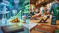 A split image horizontally compares investment options. On the left, a laboratory scene features a Pfizer pill bottle, stacks of gold coins, a rising stock chart with a security shield, a flask, and a 'RETIREMENT PORTFOLIO' binder. On the right, a Starbucks barista offers a coffee cup, an arrow formed from coffee beans points upwards, a smartphone displays a rising SBUX stock chart, and a 'RETIREMENT PORTFOLIO' binder is also present. A 'VS.' icon separates the two halves.