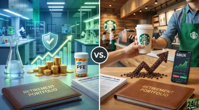 A split image horizontally compares investment options. On the left, a laboratory scene features a Pfizer pill bottle, stacks of gold coins, a rising stock chart with a security shield, a flask, and a 'RETIREMENT PORTFOLIO' binder. On the right, a Starbucks barista offers a coffee cup, an arrow formed from coffee beans points upwards, a smartphone displays a rising SBUX stock chart, and a 'RETIREMENT PORTFOLIO' binder is also present. A 'VS.' icon separates the two halves.
