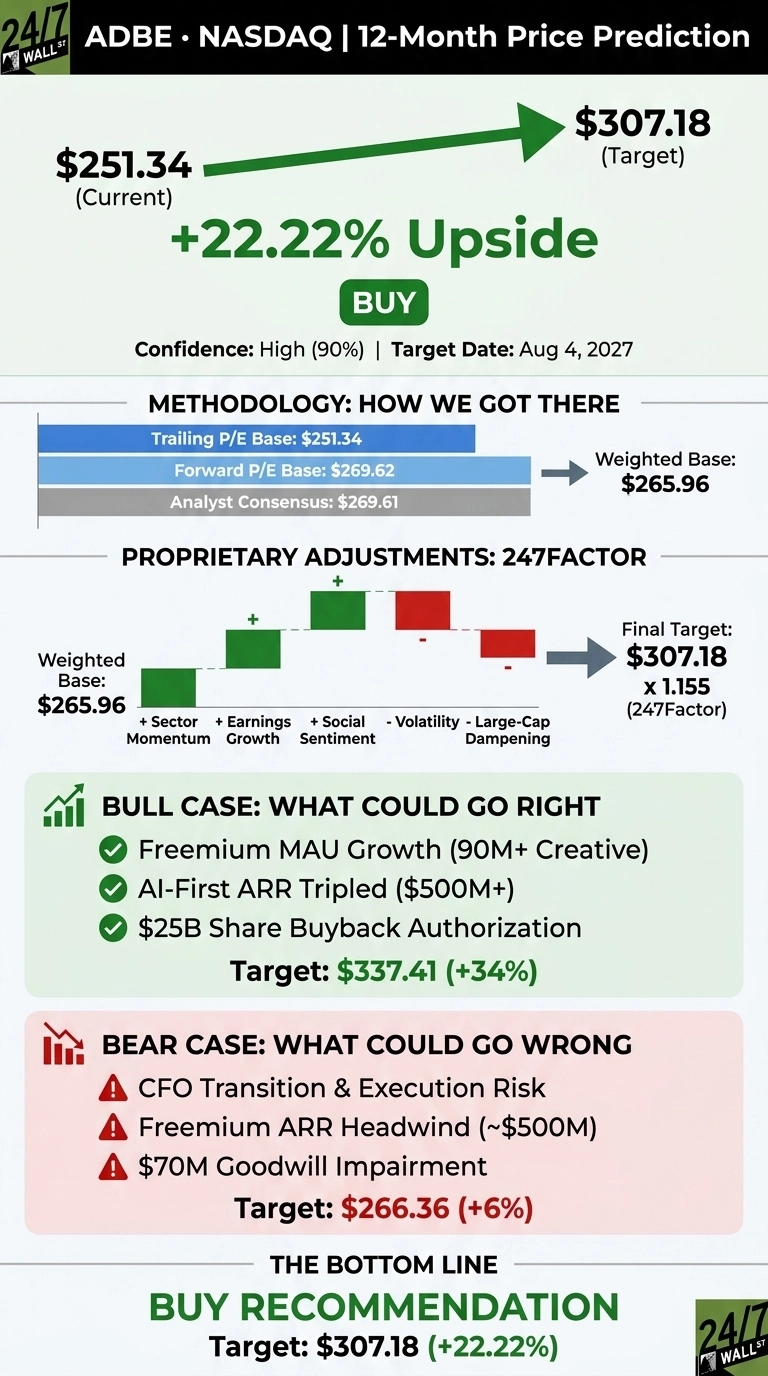 An infographic titled 'ADBE NASDAQ | 12-Month Price Prediction'. It shows the current stock price of $251.34 with an upward green arrow pointing to a target price of $307.18, indicating a +22.22% upside. A green 'BUY' button is prominently displayed. The confidence is High (90%) with a target date of August 4, 2027. A section on 'Methodology' shows a Weighted Base of $265.96 derived from Trailing P/E Base ($251.34), Forward P/E Base ($269.62), and Analyst Consensus ($269.61). 'Proprietary Adjustments: 247Factor' is depicted by a waterfall chart illustrating positive adjustments from Sector Momentum, Earnings Growth, and Social Sentiment, and negative adjustments from Volatility and Large-Cap Dampening. This leads to a Final Target of $307.18, associated with a 1.155 (247Factor). The 'Bull Case' section lists positive factors: Freemium MAU Growth (90M+ Creative), AI-First ARR Tripled ($500M+), and $25B Share Buyback Authorization, with a target of $337.41 (+34%). The 'Bear Case' section lists risks: CFO Transition & Execution Risk, Freemium ARR Headwind (~$500M), and $70M Goodwill Impairment, with a target of $266.36 (+6%). The 'Bottom Line' reiterates a 'BUY' recommendation and a target of $307.18 (+22.22%).