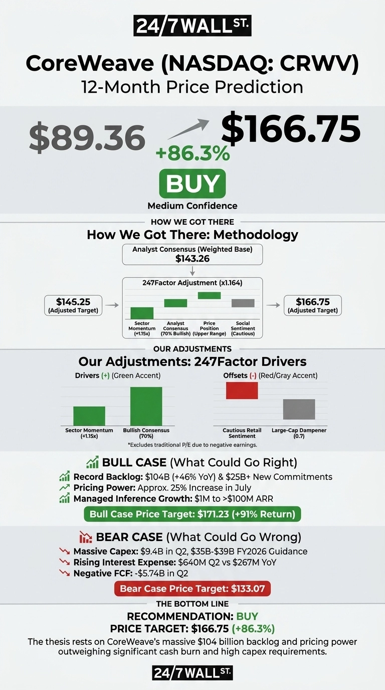 An infographic titled 'CoreWeave (NASDAQ: CRWV) 12-Month Price Prediction' by 24/7 Wall St. It shows a current price of $89.36, an arrow pointing to a target price of $166.75, and a +86.3% increase, with a 'BUY' recommendation and 'Medium Confidence'. The 'How We Got There: Methodology' section shows an Analyst Consensus (Weighted Base) of $143.26, adjusted by a 247Factor (x1.164) through various drivers and offsets, leading to the $166.75 adjusted target. Bar charts illustrate Sector Momentum (+1.15x), Analyst Consensus (70% Bullish), Price Position (Upper Range), and Social Sentiment (Cautious) in green and gray. A separate section, 'Our Adjustments: 247Factor Drivers', shows positive drivers (green bars) for Sector Momentum (+1.15x) and Bullish Consensus (70%), and negative offsets (red/gray bars) for Cautious Retail Sentiment and Large-Cap Dampener (0.7). The 'BULL CASE (What Could Go Right)' lists a record backlog, pricing power, and managed inference growth, leading to a Bull Case Price Target of $171.23 (+91% Return). The 'BEAR CASE (What Could Go Wrong)' outlines massive Capex, rising interest expense, and negative FCF, resulting in a Bear Case Price Target of $133.07. The 'BOTTOM LINE' reiterates a 'BUY' recommendation and Price Target of $166.75 (+86.3%), with a thesis summarized below.