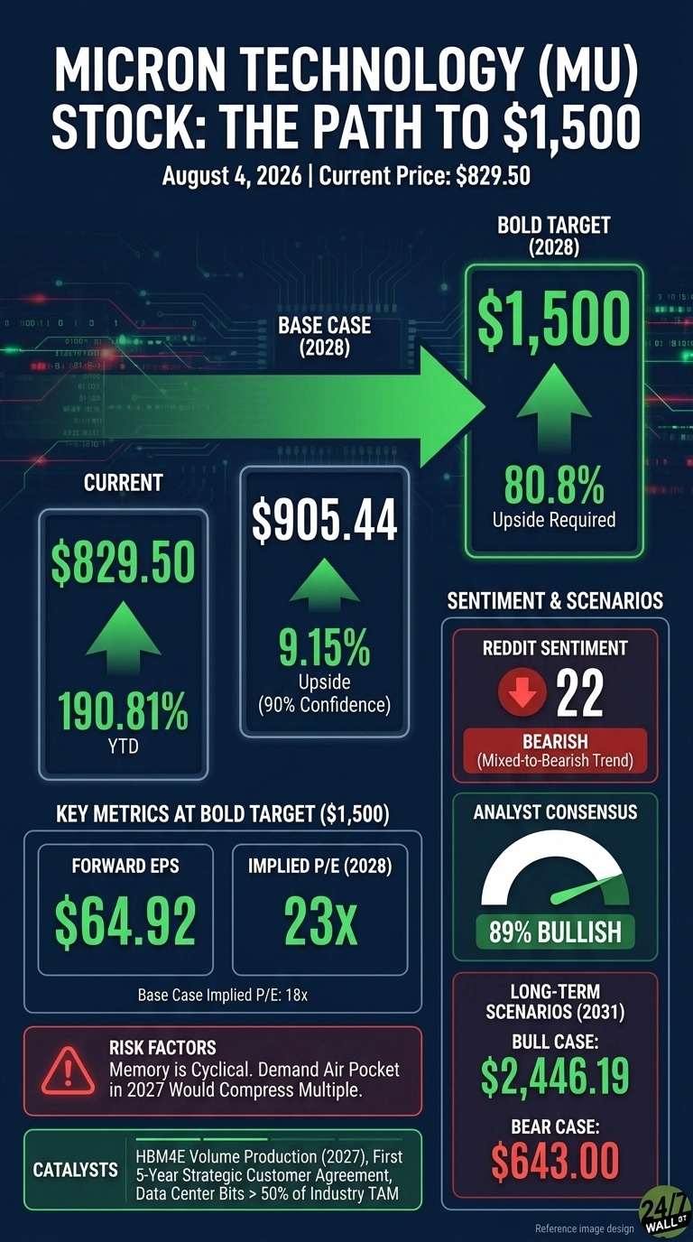 An infographic titled 'Micron Technology (MU) Stock: The Path To $1,500' with the date 'August 4, 2026' and 'Current Price: $829.50'. The infographic is primarily dark blue with prominent green and red accent boxes. It displays current stock information: $829.50 with 190.81% YTD upside. For 2028, a 'BASE CASE' shows $905.44 with 9.15% upside (90% Confidence), and a 'BOLD TARGET' of $1,500 with 80.8% upside required, visually connected by a large green arrow. Below this, 'KEY METRICS AT BOLD TARGET ($1,500)' lists 'FORWARD EPS' of $64.92 and 'IMPLIED P/E (2028)' of 23x, with 'Base Case Implied P/E: 18x' noted. A red box outlines 'RISK FACTORS' as 'Memory is Cyclical. Demand Air Pocket in 2027 Would Compress Multiple.' A green box lists 'CATALYSTS' including 'HBM4E Volume Production (2027), First 5-Year Strategic Customer Agreement, Data Center Bits > 50% of Industry TAM'. On the right side, 'SENTIMENT & SCENARIOS' include 'REDDIT SENTIMENT' at 22, categorized as 'BEARISH (Mixed-to-Bearish Trend)', and 'ANALYST CONSENSUS' showing '89% BULLISH' with a green gauge meter. 'LONG-TERM SCENARIOS (2031)' present a 'BULL CASE' of $2,446.19 and a 'BEAR CASE' of $643.00.