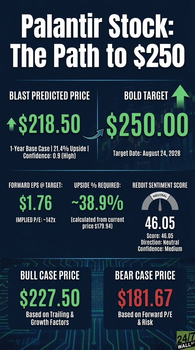 An infographic titled 'Palantir Stock: The Path to $250' on a dark blue background with circuit board patterns. It prominently displays a BLAST predicted price of $218.50, described as a 1-Year Base Case with 21.4% Upside and High confidence. A 'Bold Target' of $250.00 is shown with a target date of August 24, 2028. Additional financial metrics include Forward EPS @ Target of $1.76, an Implied P/E of ~142x, and Upside % Required of ~38.9% calculated from current price $179.94. A Reddit Sentiment Score of 46.05 indicates Neutral direction and Medium confidence. A Bull Case Price of $227.50 and a Bear Case Price of $181.67 are also presented.