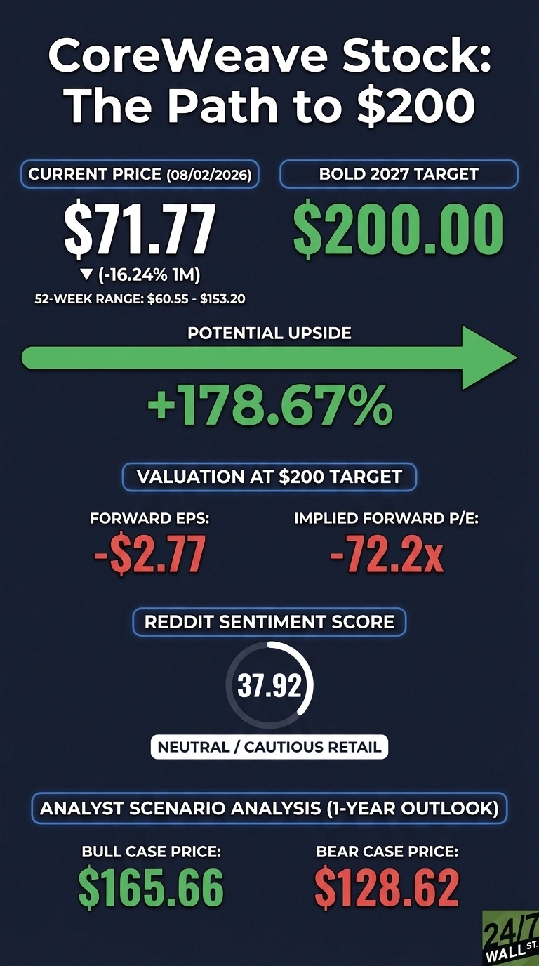 An infographic titled 'CoreWeave Stock: The Path to $200' on a dark blue background. It presents the Current Price (08/02/2026) as $71.77, with a 1-month change of -16.24% and a 52-week range of $60.55 - $153.20. The Bold 2027 Target is shown as $200.00. A large green arrow labeled 'Potential Upside' points right, indicating +178.67%. Under 'Valuation at $200 Target', Forward EPS is -$2.77 and Implied Forward P/E is -72.2x. A circular gauge for 'Reddit Sentiment Score' displays 37.92, with the label 'Neutral / Cautious Retail'. The 'Analyst Scenario Analysis (1-Year Outlook)' section lists a Bull Case Price of $165.66 and a Bear Case Price of $128.62. A '24/7 WALL ST.' logo is in the bottom right corner.