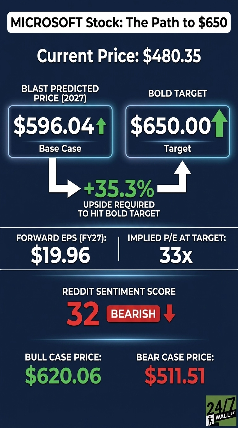 An infographic titled 'MICROSOFT Stock: The Path to $650' on a dark blue background. The current stock price is displayed as $480.35. Two illuminated boxes show 'BLAST PREDICTED PRICE (2027) Base Case: $596.04' with a green upward arrow, and 'BOLD TARGET Target: $650.00' also with a green upward arrow. An arrow graphic indicates '+35.3% UPSIDE REQUIRED TO HIT BOLD TARGET'. A section below lists 'FORWARD EPS (FY27): $19.96' and 'IMPLIED P/E AT TARGET: 33x'. The 'REDDIT SENTIMENT SCORE' is shown as '32 BEARISH' with a red downward arrow. At the bottom, 'BULL CASE PRICE: $620.06' is in green text and 'BEAR CASE PRICE: $511.51' is in red text. A '24/7 WALL ST' logo is visible in the bottom right corner.