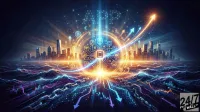 A vibrant, futuristic digital landscape with a glowing central circuit board and mobile phone icon, surrounded by interconnected technology and financial symbols like Wi-Fi, bar charts, dollar signs, and Bitcoin. Above, the letters "APP" are formed by glowing network dots, while a modern city skyline and abstract waves with market trend arrows and chains span the horizon and foreground, all bathed in blue, gold, and purple light against a dark background.