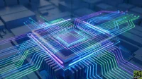 A vibrant, stylized 3D render of a central processing unit (CPU) or microchip on a circuit board. Glowing neon lines in shades of blue, green, and purple radiate from the central chip, connecting to other components on the dark blue board, suggesting data flow and complex interconnections. The image has a futuristic, high-tech aesthetic with a shallow depth of field.