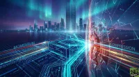 A high-tech, futuristic digital landscape features a blurred cityscape under an aurora-like sky. The foreground is dominated by glowing blue circuit board patterns and streaks of red and orange light, with the words 'MOMENTUM' on the left and 'COMPRESSION' on the right. A large, shattered glass pane disrupts the right side of the image, through which bright light beams. The overall impression is one of dynamic data flow and market disruption.