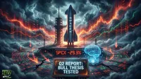 A SpaceX rocket stands on a launchpad under a stormy, dark sky. Financial charts with red and green lines and glowing numerical data, including "SPCX -29.3%", float among the dark clouds and are projected onto cracked ground, accompanied by several red downward arrows. In the foreground, a digital sign reads "Q2 REPORT: BULL THESIS TESTED". A glowing blue holographic brain is on the right.
