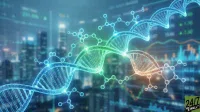 A vibrant digital rendering displays multiple intertwined DNA double helix strands, glowing in blue, green, and orange, surrounded by numerous floating molecular structures. The blurred background features a cityscape at night, overlaid with glowing financial charts showing upward trends and data points. A '24/7 WALL ST' logo is visible in the bottom right corner.