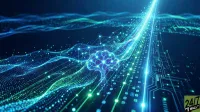 An abstract digital scene with a glowing blue and purple brain outline centered amidst a network of luminous blue and green lines and dots. The background is a dark blue, with waves of light and circuit board-like patterns extending from the brain, conveying a futuristic and technologically advanced theme.