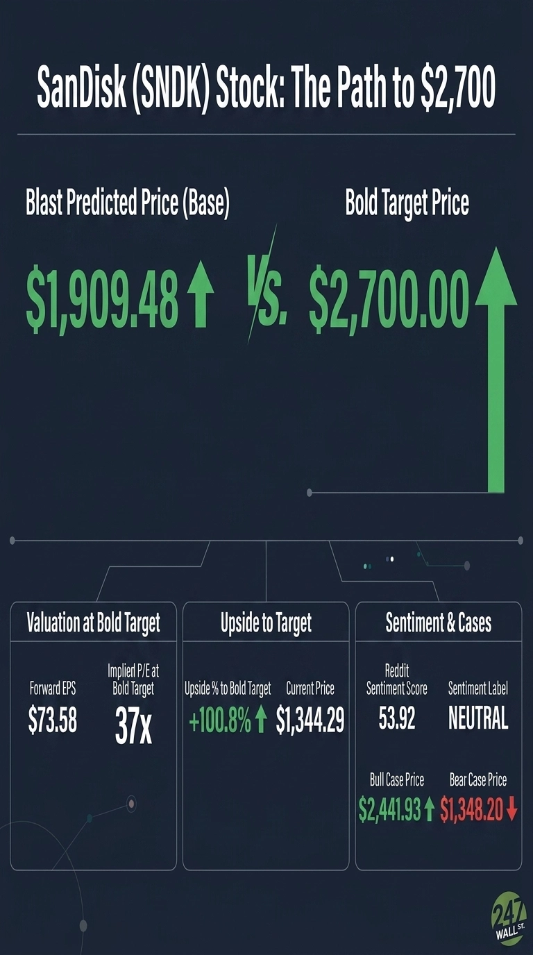 An infographic titled 'SanDisk (SNDK) Stock: The Path to $2,700' on a dark background with circuit board graphics. It shows 'Blast Predicted Price (Base) $1,909.48' with a green upward arrow, and 'Bold Target Price $2,700.00' with a large green upward arrow, separated by 'Vs.'. Below are three data panels. The first panel, 'Valuation at Bold Target', shows 'Forward EPS $73.58' and 'Implied P/E at Bold Target 37X'. The second panel, 'Upside to Target', shows 'Upside % to Bold Target +100.8%' with a green upward arrow and 'Current Price $1,344.29'. The third panel, 'Sentiment & Cases', lists 'Reddit Sentiment Score 53.92', 'Sentiment Label NEUTRAL', 'Bull Case Price $2,441.93' with a green upward arrow, and 'Bear Case Price $1,348.20' with a red downward arrow. The 247 Wall St. logo is in the bottom right corner.