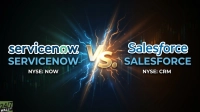 A graphic depicting a showdown between ServiceNow and Salesforce. On the left, the ServiceNow logo and 'NYSE: NOW' are displayed against a dark background with blue lightning. On the right, the Salesforce logo and 'NYSE: CRM' are against a dark background with orange lightning. A large, golden 'VS.' symbol is prominently placed in the center, where the lightning effects meet. Faint stock candlestick charts are visible in the background on both sides. A '24/7 WALL ST' logo is in the bottom left corner.