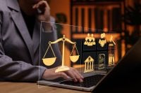 Law and justice concept. Digital icons of legal scales, courthouse, contract, and gavel, representing legal services, online consultation, professional advice, digital transformation in legal industry