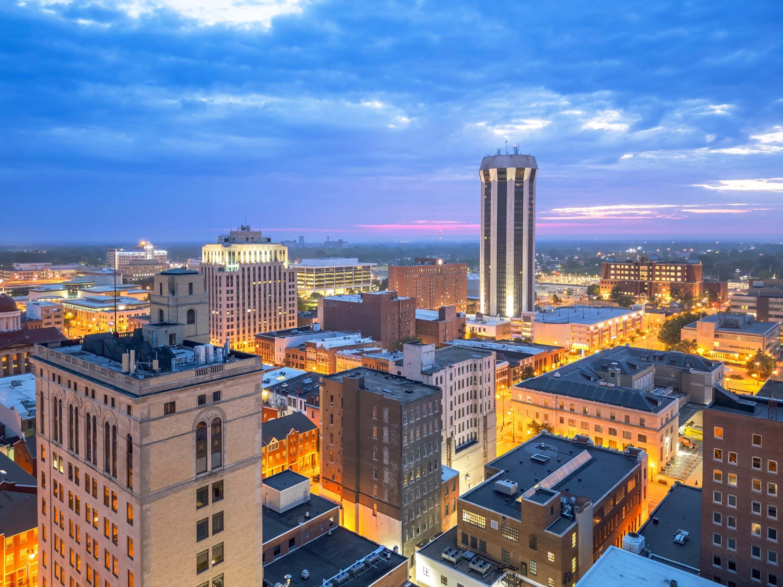 Springfield, Illinois, USA downtown city skyline at dusk.