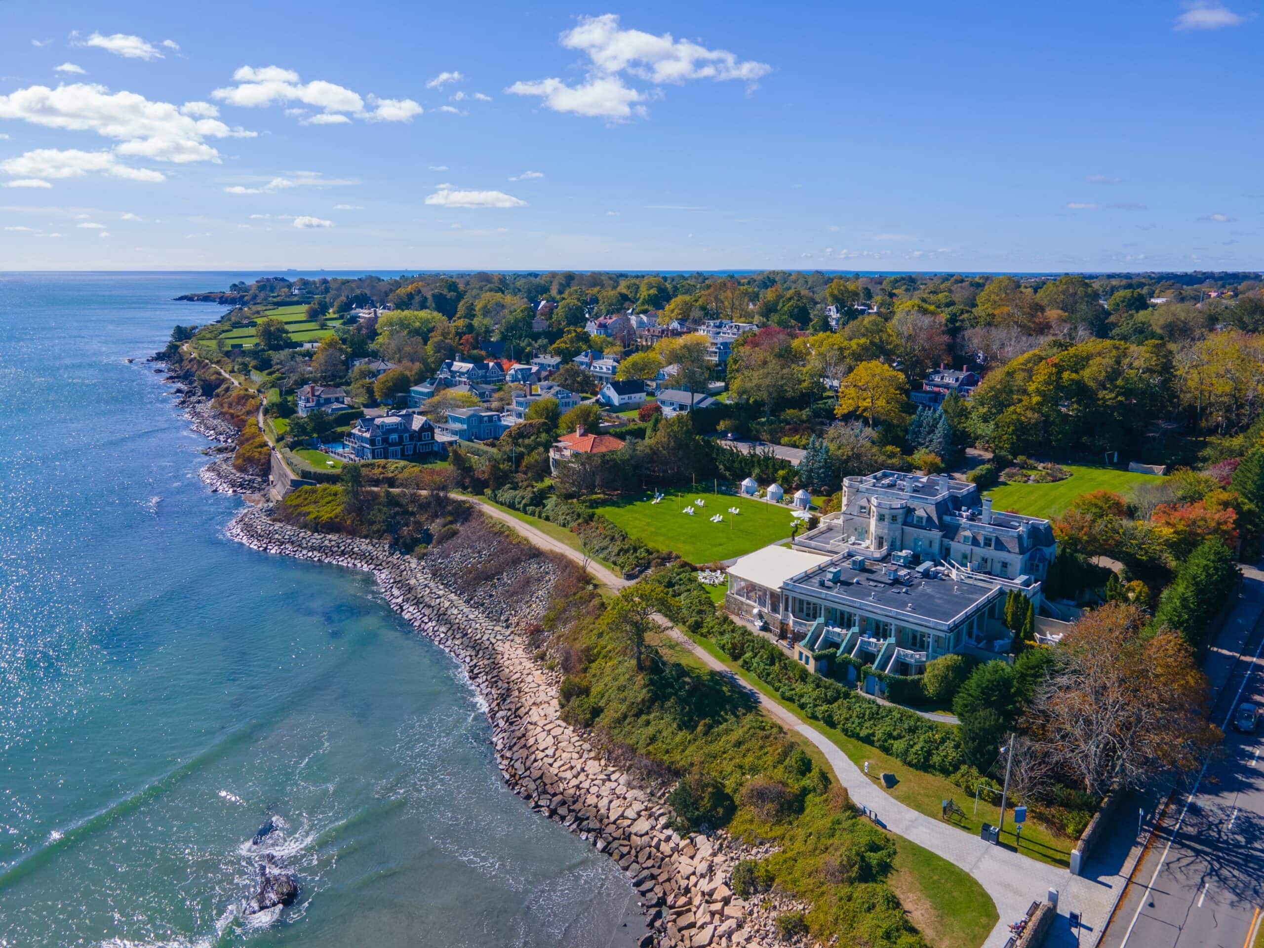 Historic Mansions aerial view on Cliff Walk near Easton Beach in fall in city of Newport, Rhode Island RI, USA.