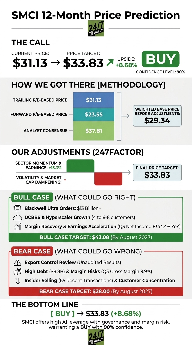 An infographic titled 'SMCI 12-Month Price Prediction' by 24/7 Wall St. shows financial analysis for Super Micro Computer. The call section highlights a current price of $31.13, a price target of $33.83, an 8.68% upside, and a 'BUY' recommendation with 90% confidence. The methodology section details how the weighted base price of $29.34 was derived from a trailing P/E-based price of $31.13, a forward P/E-based price of $23.55, and an analyst consensus of $37.81, presented as a stacked bar chart. Adjustments include a positive 15.3% for 'Sector Momentum & Earnings' and a negative adjustment for 'Volatility & Market Cap Dampening', leading to the final price target of $33.83. The Bull Case (green box) lists positive factors like '$13 Billion+ Blackwell Ultra Orders' and 'Margin Recovery & Earnings Acceleration', targeting $43.08 by August 2027. The Bear Case (red box) outlines risks such as 'Export Control Review', 'High Debt ($8.8B)', and 'Insider Selling', with a target of $28.00 by August 2027. The bottom line reiterates a 'BUY' recommendation at $33.83 (+8.68%) and mentions AI leverage with governance and margin risk.