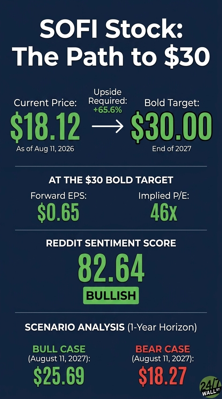 An infographic on a dark blue background titled 'SOFI Stock: The Path to $30'. It displays a current stock price of $18.12 as of August 11, 2026, with an arrow pointing to a bold target of $30.00 by the end of 2027, indicating an upside required of +65.6%. Below, the section 'AT THE $30 BOLD TARGET' lists Forward EPS as $0.65 and Implied P/E as 46x. The 'REDDIT SENTIMENT SCORE' is shown as 82.64, with the label 'BULLISH'. The final section, 'SCENARIO ANALYSIS (1-Year Horizon)', presents a Bull Case price of $25.69 and a Bear Case price of $18.27, both for August 11, 2027. Green text is used for positive figures, while red text indicates the bear case price.