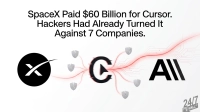 A white background with a large black text headline: 'SpaceX Paid $60 Billion for Cursor. Hackers Had Already Turned It Against 7 Companies.' Below the text are three prominent black logos connected by glowing red lines. On the left is the circular SpaceX logo. In the center is a stylized 'C' with a cursor-like play button inside, displaying a glitch effect. On the right is the 'AII' logo. Six gray shield icons, some appearing cracked or broken, are also connected by red lines to the central 'C' logo, against a subtle background of circuit board traces.