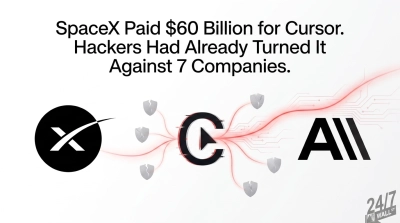 A white background with a large black text headline: 'SpaceX Paid $60 Billion for Cursor. Hackers Had Already Turned It Against 7 Companies.' Below the text are three prominent black logos connected by glowing red lines. On the left is the circular SpaceX logo. In the center is a stylized 'C' with a cursor-like play button inside, displaying a glitch effect. On the right is the 'AII' logo. Six gray shield icons, some appearing cracked or broken, are also connected by red lines to the central 'C' logo, against a subtle background of circuit board traces.