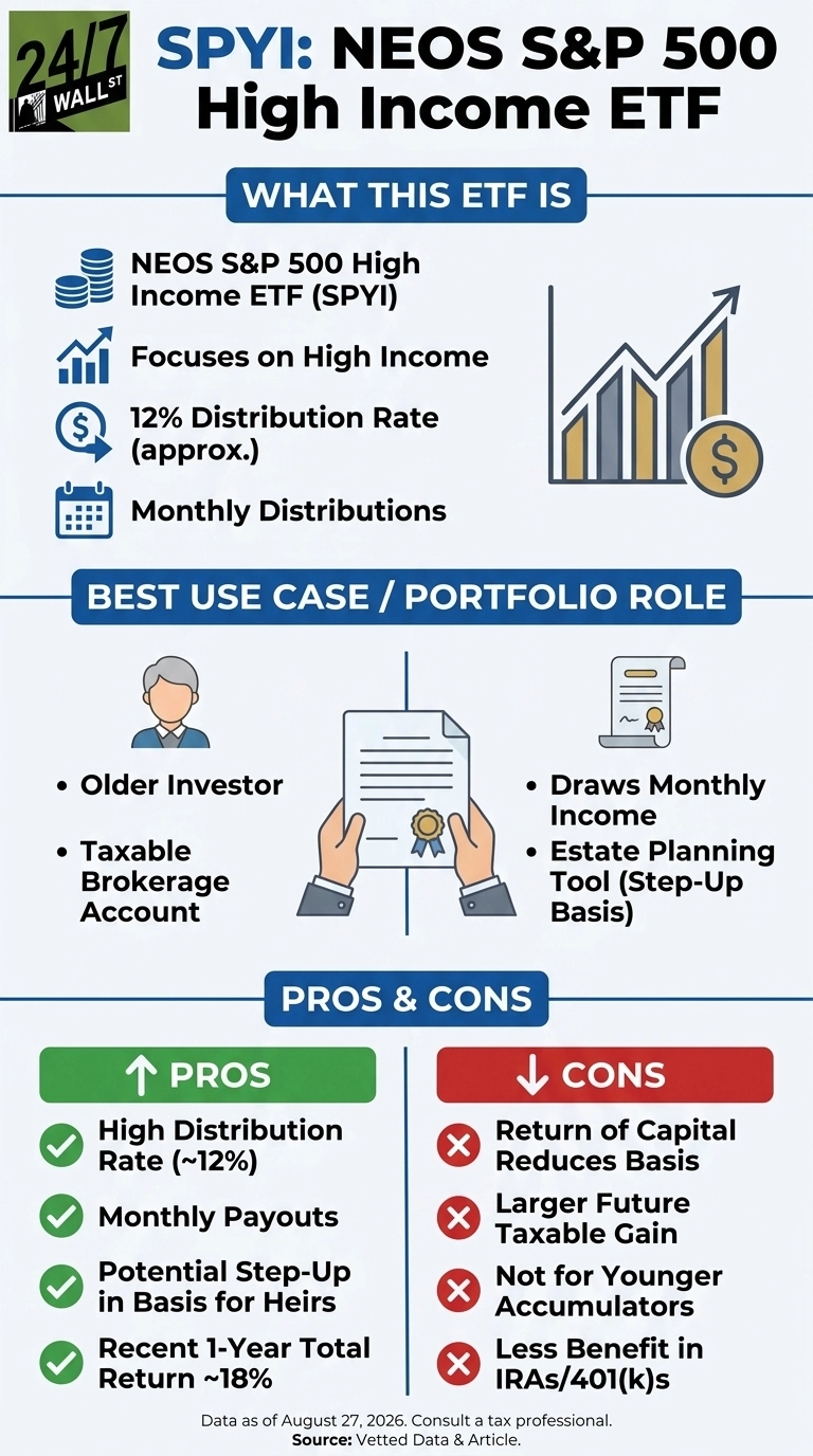 An infographic titled 'SPYI: NEOS S&P 500 High Income ETF'. It is divided into three main sections: 'What This ETF Is', 'Best Use Case / Portfolio Role', and 'Pros & Cons'. The 'What This ETF Is' section lists: NEOS S&P 500 High Income ETF (SPYI), Focuses on High Income, 12% Distribution Rate (approx.), Monthly Distributions, accompanied by an upward trending bar chart and a dollar sign icon. The 'Best Use Case / Portfolio Role' section lists: Older Investor, Taxable Brokerage Account, Draws Monthly Income, Estate Planning Tool (Step-Up Basis), with icons of an older person and hands holding a document. The 'Pros & Cons' section presents two columns: 'Pros' with green checkmarks and 'Cons' with red crosses. Pros listed are: High Distribution Rate (~12%), Monthly Payouts, Potential Step-Up in Basis for Heirs, Recent 1-Year Total Return ~18%. Cons listed are: Return of Capital Reduces Basis, Larger Future Taxable Gain, Not for Younger Accumulators, Less Benefit in IRAs/401(k)s. A footer states 'Data as of August 27, 2026. Consult a tax professional. Source: Vetted Data & Article'.