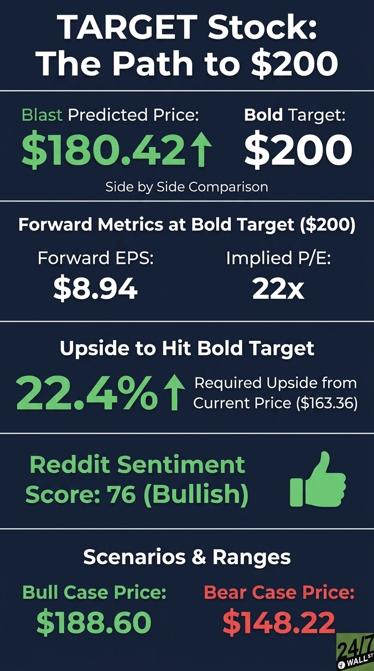 An infographic titled 'TARGET Stock: The Path to $200' on a dark blue background. The infographic presents financial data in several sections. 'Blast Predicted Price' is $180.42 with a green upward arrow, shown next to 'Bold Target' of $200, under a 'Side by Side Comparison' heading. 'Forward Metrics at Bold Target ($200)' lists 'Forward EPS: $8.94' and 'Implied P/E: 22x'. 'Upside to Hit Bold Target' indicates '22.4%' with a green upward arrow, stating it's the 'Required Upside from Current Price ($163.36)'. 'Reddit Sentiment Score: 76 (Bullish)' is displayed with a green thumbs-up icon. 'Scenarios & Ranges' section shows 'Bull Case Price: $188.60' in green and 'Bear Case Price: $148.22' in red. The bottom right corner features a '24/7 WALL ST' logo.