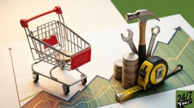 A small shopping cart and home improvement tools like a hammer and wrench sit on a financial chart with stacks of coins.