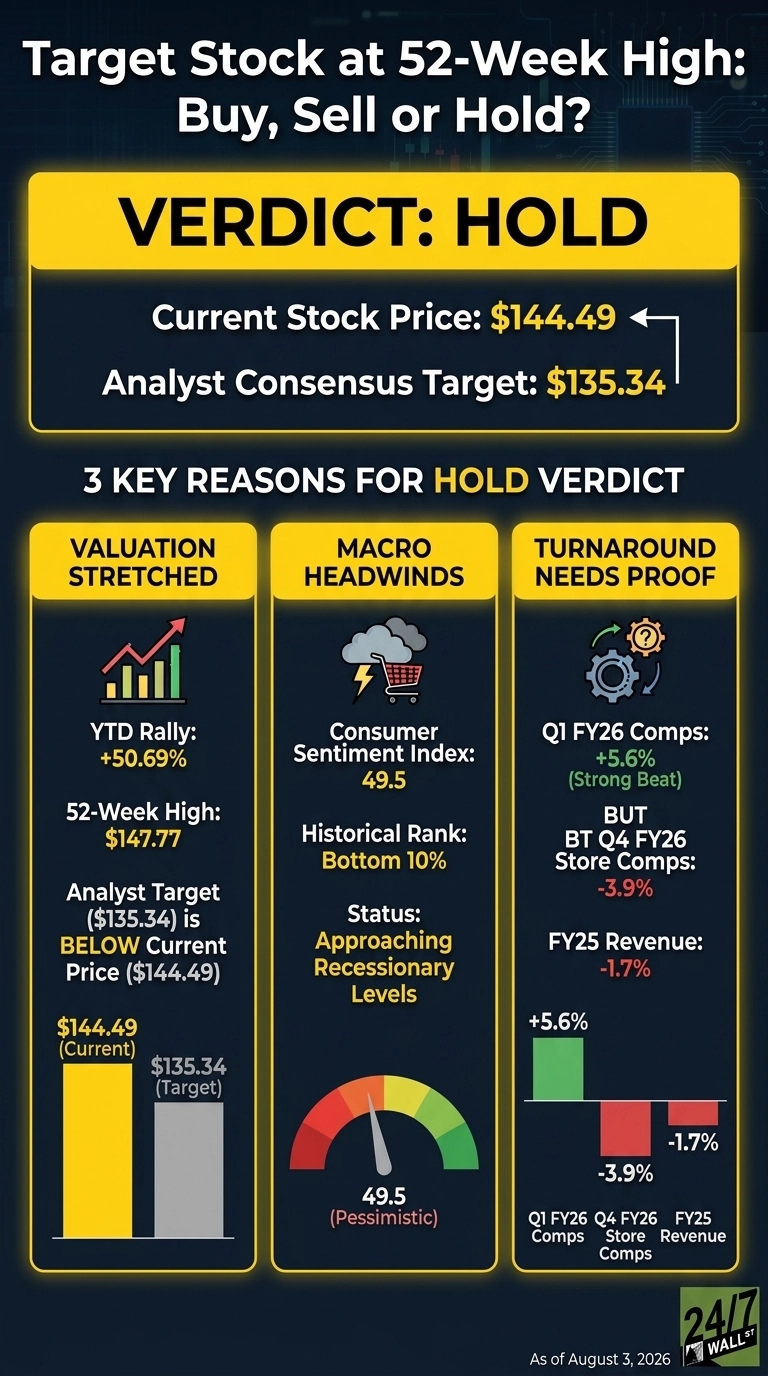An infographic titled 'Target Stock at 52-Week High: Buy, Sell or Hold?' with a central yellow banner stating 'VERDICT: HOLD'. Below this, the current stock price is $144.49 and the analyst consensus target is $135.34. The bottom half is divided into three vertical panels, each outlining a reason for the hold verdict. The first panel, 'VALUATION STRETCHED', shows a red and green bar chart indicating a +50.69% YTD rally, a 52-week high of $147.77, and a comparison bar chart showing the current price of $144.49 above the analyst target of $135.34. The second panel, 'MACRO HEADWINDS', features a cloud and shopping cart icon, lists a Consumer Sentiment Index of 49.5 (Pessimistic), a historical rank in the Bottom 10%, and a status of 'Approaching Recessionary Levels', with a multi-colored gauge pointing to 49.5 in the red zone. The third panel, 'TURNAROUND NEEDS PROOF', shows gear icons, details Q1 FY26 Comps at +5.6% (Strong Beat), Q4 FY26 Store Comps at -3.9%, and FY25 Revenue at -1.7%, accompanied by a bar chart illustrating these percentages. The infographic is dated 'As of August 3, 2026' and includes the '24/7 Wall St' logo.