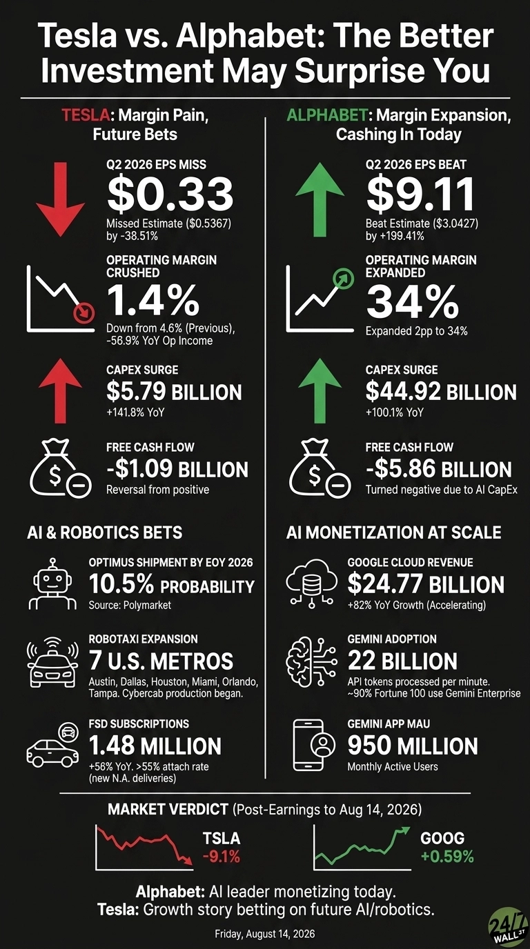 An infographic titled 'Tesla vs. Alphabet: The Better Investment May Surprise You' on a black background. It is divided into two columns, Tesla on the left with red highlights and Alphabet on the right with green highlights. The Tesla column shows downward arrows for EPS Miss of $0.33 and Operating Margin of 1.4%, and an upward arrow for CAPEX Surge of $5.79 Billion, with Free Cash Flow at -$1.09 Billion. Tesla's AI & Robotics Bets include Optimus Shipment probability of 10.5%, Robotaxi expansion in 7 U.S. Metros, and 1.48 Million FSD Subscriptions. The Alphabet column shows upward arrows for EPS Beat of $9.11, Operating Margin of 34%, and CAPEX Surge of $44.92 Billion, with Free Cash Flow at -$5.86 Billion. Alphabet's AI Monetization at Scale details Google Cloud Revenue of $24.77 Billion, Gemini Adoption of 22 Billion API tokens processed per minute, and Gemini App MAU of 950 Million. A final Market Verdict section at the bottom shows TSLA at -9.1% and GOOG at +0.59% post-earnings to August 14, 2026, with accompanying line graphs.