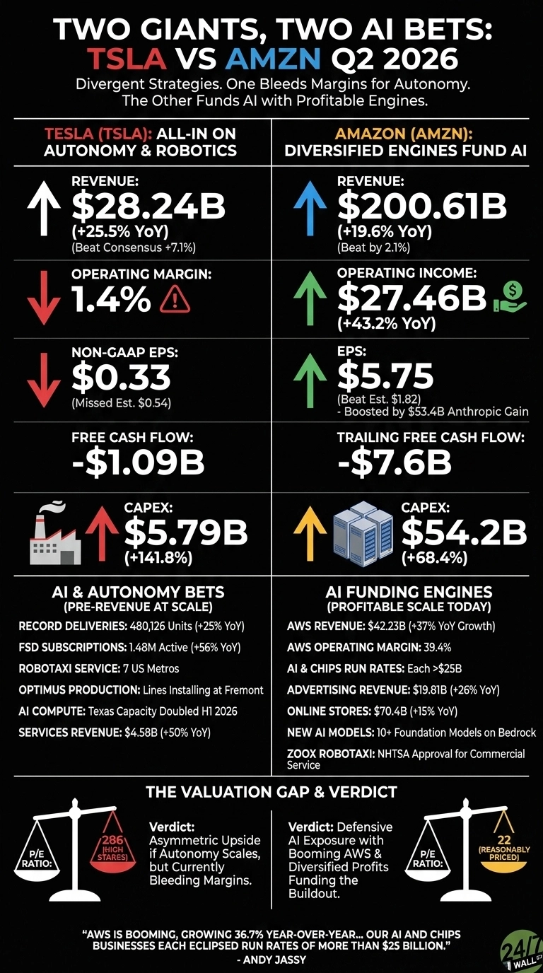 Infographic titled 'Two Giants, Two AI Bets: TSLA vs AMZN Q2 2026' comparing the financial performance and AI strategies of Tesla and Amazon. The infographic is visually divided into two columns: one for Tesla, labeled 'ALL-IN ON AUTONOMY & ROBOTICS', and one for Amazon, labeled 'DIVERSIFIED ENGINES FUND AI'. For Tesla, key financial data points include: Revenue $28.24B (+25.5% YoY), Operating Margin 1.4%, Non-GAAP EPS $0.33 (Missed Est. $0.54), Free Cash Flow -$1.09B, and CAPEX $5.79B (+141.8%), indicated by a factory icon. Tesla's AI & Autonomy Bets (Pre-Revenue at Scale) list Record Deliveries: 480,126 Units (+25% YoY), FSD Subscriptions: 1.48M Active (+56% YoY), Robotaxi Service: 7 US Metros, Optimus Production: Lines Installing at Fremont, AI Compute: Texas Capacity Doubled H1 2026, and Services Revenue: $4.58B (+50% YoY). For Amazon, key financial data points include: Revenue $200.61B (+19.6% YoY), Operating Income $27.46B (+43.2% YoY), EPS $5.75 (Beat Est. $1.82, Boosted by $53.4B Anthropic Gain), Trailing Free Cash Flow -$7.6B, and CAPEX $54.2B (+68.4%), indicated by server rack icons. Amazon's AI Funding Engines (Profitable Scale Today) list AWS Revenue: $42.23B (+37% YoY Growth), AWS Operating Margin: 39.4%, AI & Chips Run Rates: Each >$25B, Advertising Revenue: $19.81B (+26% YoY), Online Stores: $70.4B (+15% YoY), New AI Models: 10+ Foundation Models on Bedrock, and Zoox Robotaxi: NHTSA Approval for Commercial Service. The bottom section, 'THE VALUATION GAP & VERDICT', shows a P/E Ratio scale for Tesla at 286 (HIGH STARES) with a verdict: 'Asymmetric Upside if Autonomy Scales, but Currently Bleeding Margins.' Amazon's P/E Ratio scale is 22 (REASONABLY PRICED) with a verdict: 'Defensive AI Exposure with Booming AWS & Diversified Profits Funding the Buildout.' A quote from Andy Jassy is at the very bottom.