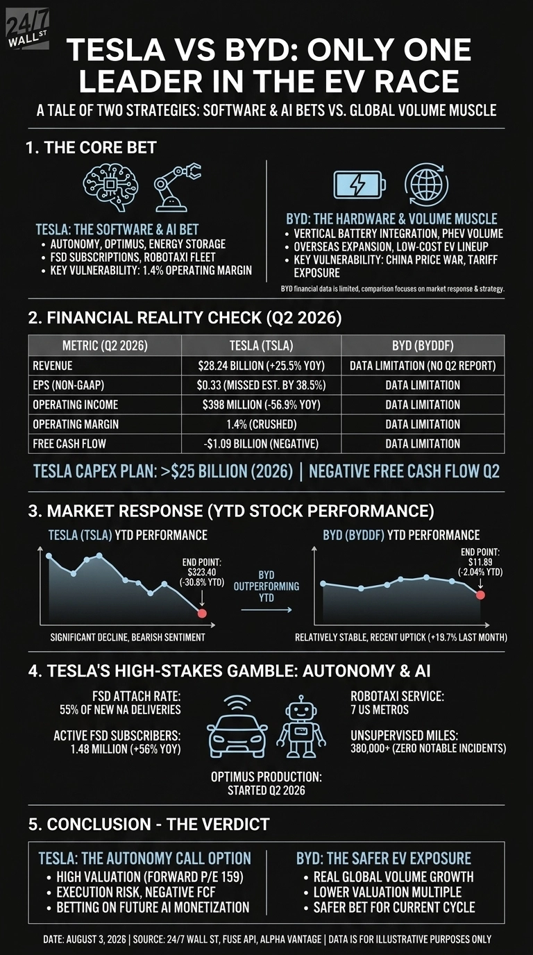 An infographic titled 'Tesla vs BYD: Only One Leader in The EV Race' on a dark background. It is divided into five sections. Section 1, 'The Core Bet', compares Tesla's software and AI strategy (represented by brain and robot arm icons) with BYD's hardware and volume muscle (represented by battery and globe icons), listing key points for each. Section 2, 'Financial Reality Check (Q2 2026)', is a table comparing Tesla's revenue ($28.24 billion), EPS ($0.33), operating income ($398 million), operating margin (1.4%), and free cash flow (-$1.09 billion) for Q2 2026, indicating data limitations for BYD. It highlights Tesla's Capex plan of over $25 billion for 2026 and negative free cash flow. Section 3, 'Market Response (YTD Stock Performance)', displays two line graphs. Tesla's graph shows a significant YTD decline to an end point of $323.40 (-30.8%), labeled as 'significant decline, bearish sentiment'. BYD's graph shows a relatively stable YTD performance with a recent uptick, ending at $11.89 (-2.04%), with an arrow indicating BYD outperformed Tesla YTD. Section 4, 'Tesla's High-Stakes Gamble: Autonomy & AI', presents data on FSD attach rate (55% of new NA deliveries), active FSD subscribers (1.48 million), Optimus production (started Q2 2026), Robotaxi service (7 US Metros), and unsupervised miles (380,000+). Section 5, 'Conclusion - The Verdict', summarizes Tesla as 'The Autonomy Call Option' with high valuation and execution risk, and BYD as 'The Safer EV Exposure' with global volume growth and lower valuation. The bottom indicates the date, August 3, 2026, and sources.