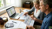 An older Caucasian couple sits at a wooden table, focusing on financial documents. The woman on the left, with short blonde hair and a gray cardigan, points with her right index finger at a document titled 'Roth Conversion Strategy' held by the man on the right. The man, with short gray hair and a blue collared shirt, holds another document titled 'Social Security Projection'. An open silver laptop on the left displays a spreadsheet, alongside a calculator, a pen, a coffee mug, and desk organizers, all contributing to a scene of diligent financial review.