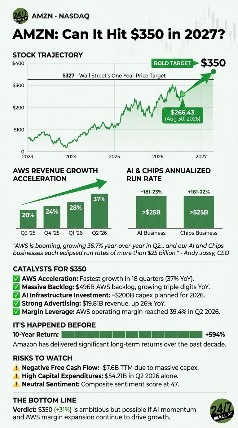 An infographic titled 'AMZN: Can It Hit $350 in 2027?' shows an analysis of Amazon's stock. The top section features a 'Stock Trajectory' line graph, plotting AMZN's price from 2023 to 2027, indicating $266.43 on August 30, 2026, and a 'BOLD TARGET' of $350 in 2027, above a Wall Street's One Year Price Target of $327. Below, two bar charts display 'AWS Revenue Growth Acceleration' with percentages 20% (Q3 '25), 24% (Q4 '25), 28% (Q1 '26), and 37% (Q2 '26), and 'AI & Chips Annualized Run Rate' showing greater than $25 billion for both AI Business and Chips Business, with +181-23% and +181-22% respectively. A quote from Andy Jassy, CEO, is included. The infographic then lists 'Catalysts for $350' with five points, 'It's Happened Before' showing a 10-Year Return of +594%, and 'Risks to Watch' with three points. The bottom line provides a verdict: '$350 (+31%) is ambitious but possible if AI momentum and AWS margin expansion continue to drive growth.' The overall design uses a light background with green highlights for positive trends and red for risks.