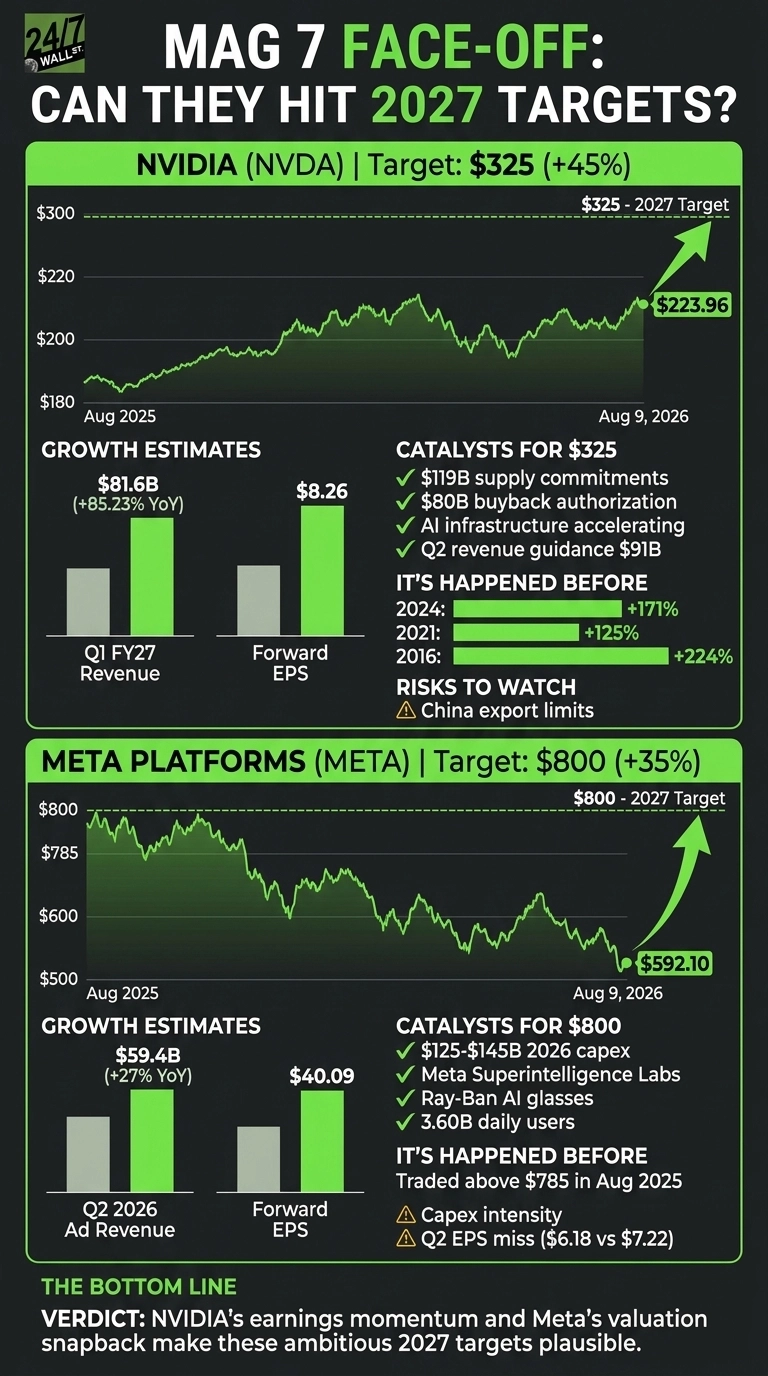 An infographic titled 'MAG 7 FACE-OFF: CAN THEY HIT 2027 TARGETS?' split into two main sections for NVIDIA and Meta Platforms. The NVIDIA section, for ticker NVDA, shows a stock price chart from August 2025 to August 9, 2026, with a current price of $223.96 and a 2027 target of $325, representing a +45% increase. Bar charts display Q1 FY27 Revenue at $81.6B (+85.23% YoY) and Forward EPS at $8.26. Catalysts listed include $119B supply commitments and $80B buyback authorization. Historical price increases of +171% in 2024, +125% in 2021, and +224% in 2016 are noted, along with China export limits as a risk. The Meta Platforms section, for ticker META, similarly features a stock price chart from August 2025 to August 9, 2026, showing a current price of $592.10 and a 2027 target of $800, representing a +35% increase. Bar charts illustrate Q2 2026 Ad Revenue at $59.4B (+27% YoY) and Forward EPS at $40.09. Catalysts include $125-$145B 2026 capex and 3.60B daily users. Historical performance mentions trading above $785 in August 2025, with capex intensity and a Q2 EPS miss ($6.18 vs $7.22) as risks. The bottom line verdict states NVIDIA's earnings momentum and Meta's valuation snapback make these ambitious 2027 targets plausible.