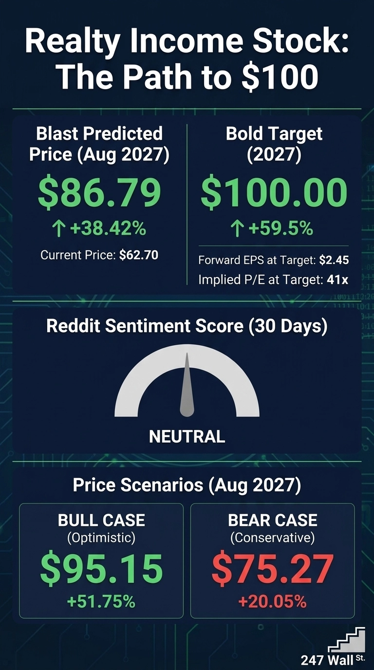An infographic on a dark blue background titled 'Realty Income Stock: The Path to $100'. The top left section, 'Blast Predicted Price (Aug 2027)', shows $86.79, an increase of +38.42% from the 'Current Price: $62.70'. The top right section, 'Bold Target (2027)', shows $100.00, an increase of +59.5%, with 'Forward EPS at Target: $2.45' and 'Implied P/E at Target: 41x'. Below, a speedometer gauge indicates 'Reddit Sentiment Score (30 Days)' as 'NEUTRAL'. The bottom section, 'Price Scenarios (Aug 2027)', shows a 'BULL CASE (Optimistic)' of $95.15 (+51.75%) and a 'BEAR CASE (Conservative)' of $75.27 (+20.05%). The logo '247 Wall St.' is in the bottom right corner.