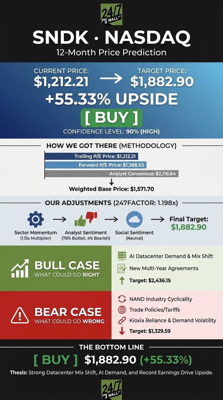 An infographic titled 'SNDK NASDAQ 12-Month Price Prediction' shows a current price of $1,212.21, a target price of $1,882.90, and a Buy recommendation with 55.33% upside and 90% confidence. It details the methodology, including trailing and forward P/E, analyst consensus, and weighted base price, leading to a final target after sector, analyst, and social sentiment adjustments. A 'Bull Case' section highlights AI datacenter demand and new agreements, targeting $2,436.15. A 'Bear Case' section lists NAND industry cyclicality, trade policies, and Kioxia reliance, targeting $1,329.59. The bottom line reiterates the Buy recommendation with the target price and a thesis.