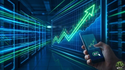 A futuristic image featuring a dark server room with glowing blue and green lines representing data flow. A large, luminous green stock chart shows an upward trend with a prominent arrow. In the foreground, a human hand holds a smartphone displaying a smaller stock chart and a green 'BUY' button with a cursor.