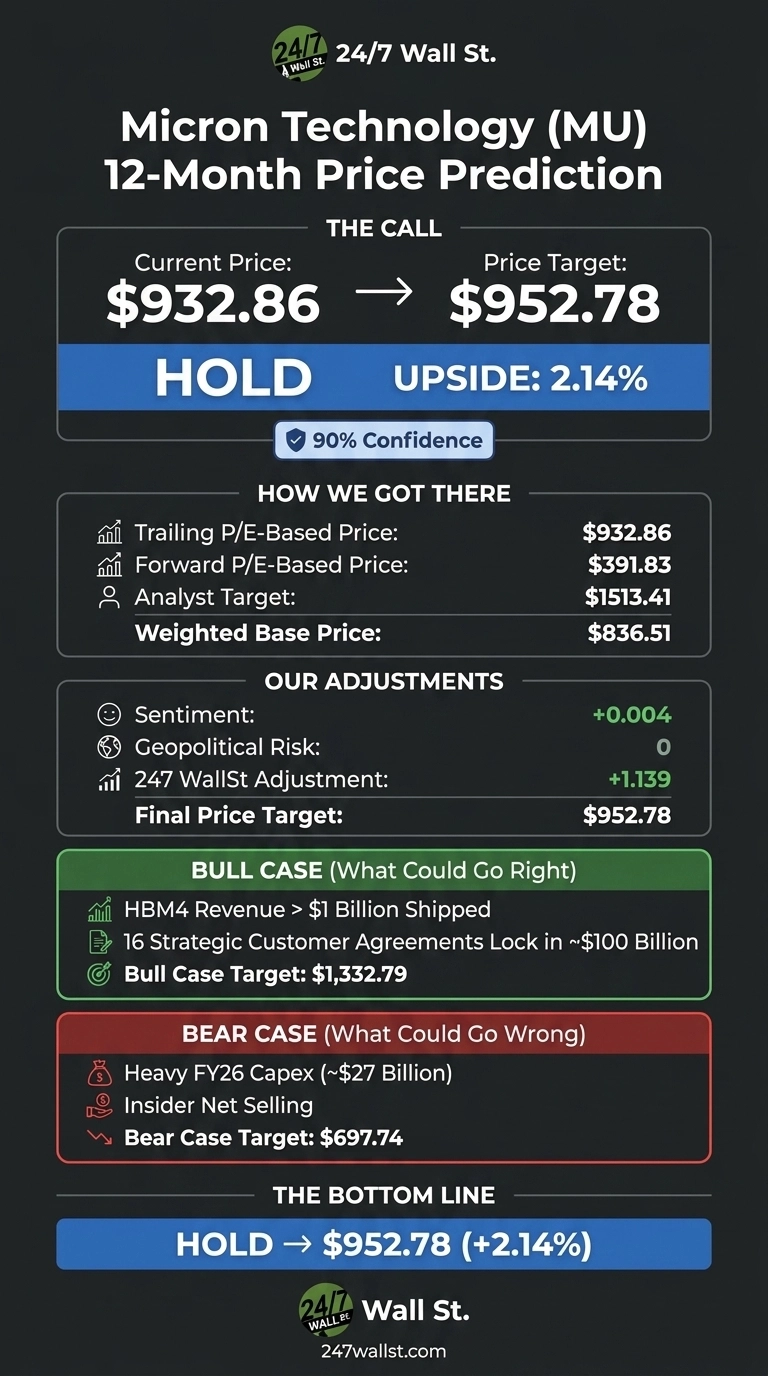 An infographic titled 'Micron Technology (MU) 12-Month Price Prediction' by 24/7 Wall St. displays a 'HOLD' call with a current price of $932.86 moving to a price target of $952.78, indicating a 2.14% upside, with 90% confidence. It details 'How We Got There' with trailing P/E ($932.86), forward P/E ($391.83), analyst target ($1513.41), and a weighted base price ($836.51). 'Our Adjustments' include sentiment (+0.004), geopolitical risk (0), and a 24/7 WallSt adjustment (+1.139), leading to the final price target. The 'Bull Case' lists HBM4 revenue > $1 billion, 16 strategic customer agreements, and a target of $1,332.79. The 'Bear Case' cites heavy FY26 Capex (~$27 billion) and insider net selling, with a target of $697.74. The bottom line reiterates 'HOLD -> $952.78 (+2.14%)'.