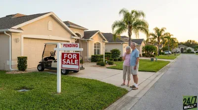 A residential street scene features an older Caucasian couple on the right, looking thoughtful. In the foreground on the left, a white real estate sign reads 'PENDING' in red letters above 'FOR SALE' also in red. A beige golf cart is parked in the driveway next to a beige stucco house with a garage. Palm trees line the street in the background under a clear, pale sky.