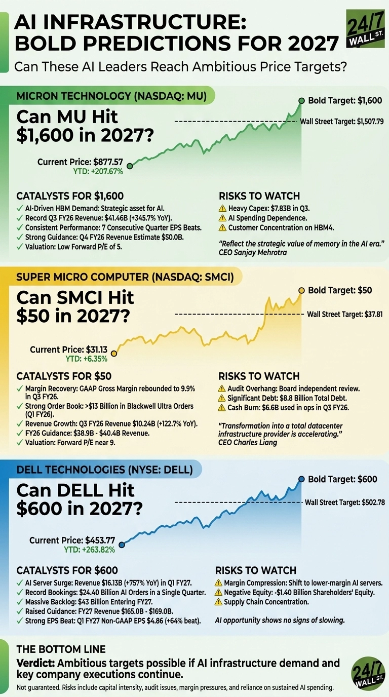 An infographic titled 'AI Infrastructure: Bold Predictions for 2027' detailing three AI-related stocks. The top section, themed green, focuses on Micron Technology (NASDAQ: MU), showing a line graph of its price, current price of $877.57, YTD +207.67%, a bold target of $1,600, and Wall Street target of $1,507.79, with lists of catalysts and risks. The middle section, themed yellow, focuses on Super Micro Computer (NASDAQ: SMCI), showing a line graph, current price of $31.13, YTD +6.35%, a bold target of $50, and Wall Street target of $37.81, with catalysts and risks. The bottom section, themed blue, focuses on Dell Technologies (NYSE: DELL), showing a line graph, current price of $453.77, YTD +263.82%, a bold target of $600, and Wall Street target of $502.78, with catalysts and risks. A 'THE BOTTOM LINE' section concludes with a verdict. The '24/7 WALL ST.' logo is visible.
