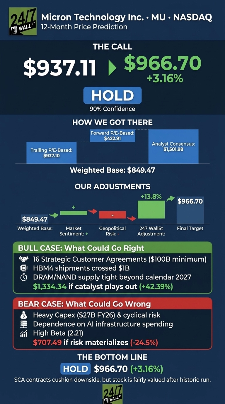 An infographic titled 'Micron Technology Inc. • MU • NASDAQ 12-Month Price Prediction' on a dark blue background. The main call shows the current price of $937.11, an upward green arrow to a target price of $966.70, representing a +3.16% change. A large blue button underneath states 'HOLD' with '90% Confidence'. The 'How We Got There' section displays horizontal bars for 'Trailing P/E-Based: $937.10', 'Forward P/E-Based: $422.91', and 'Analyst Consensus: $1,501.98', leading to a 'Weighted Base: $849.47'. The 'Our Adjustments' section visualizes changes from the weighted base: a positive green adjustment for 'Market Sentiment', a negative red adjustment for 'Geopolitical Risk', and a large positive green adjustment labeled '247 WallSt Adjustment: +13.8%', culminating in the 'Final Target' of $966.70. The 'BULL CASE: What Could Go Right' section, on a green background, lists three points: '16 Strategic Customer Agreements ($100B minimum)', 'HBM4 shipments crossed $1B', and 'DRAM/NAND supply tight beyond calendar 2027', with a potential price of '$1,334.34 (+42.39%)'. The 'BEAR CASE: What Could Go Wrong' section, on a red background, lists three points: 'Heavy Capex ($27B FY26) & cyclical risk', 'Dependence on AI infrastructure spending', and 'High Beta (2.21)', with a potential price of '$707.49 (-24.5%)'. The 'THE BOTTOM LINE' section reiterates 'HOLD $966.70 (+3.16%)' and adds, 'SCA contracts cushion downside, but stock is fairly valued after historic run.' The 24/7 Wall St. logo is present at the top left and bottom.