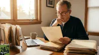 An older man with graying hair and glasses is seated at a wooden desk, intently reading a worn, light brown document. His hand is near his mouth in a thoughtful pose. On the desk are a silver laptop, a light brown mug, and numerous stacks of aged paper files. A sunlit window with a wooden frame is visible behind him.