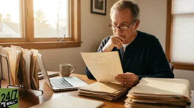 An older man with graying hair and glasses is seated at a wooden desk, intently reading a worn, light brown document. His hand is near his mouth in a thoughtful pose. On the desk are a silver laptop, a light brown mug, and numerous stacks of aged paper files. A sunlit window with a wooden frame is visible behind him.