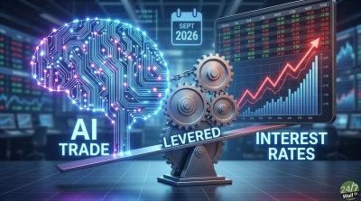 A conceptual digital graphic shows a glowing blue circuit board shaped like a human brain on the left, with the words 'AI TRADE' below it. In the center, a system of interlocking silver gears connected by a chain rests on a seesaw labeled 'LEVERED.' On the right, a dark digital screen displays a financial chart with an upward-trending red line and blue bar graph, accompanied by stock data and the words 'INTEREST RATES.' A calendar icon in the upper center shows 'SEPT 2026.' The background is a blurred, futuristic trading floor.