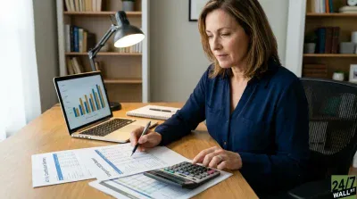 A middle-aged woman with brown hair, wearing a dark blue shirt, sits at a light wooden desk, holding a pen and looking down at papers. On the desk are documents titled '401(k) Contribution Summary' and 'Vanguard 2026 Report,' a black calculator, a silver laptop displaying a bar graph, and a spiral notebook. A black desk lamp is to her left, and bookshelves filled with books are visible in the background.