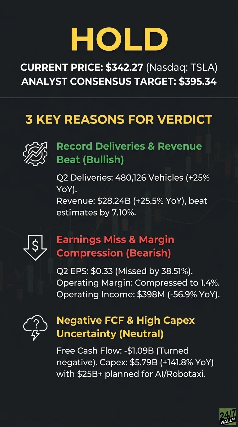 An infographic titled 'HOLD' in large yellow letters, providing a financial verdict for Tesla (Nasdaq: TSLA). It states the Current Price: $342.27 and Analyst Consensus Target: $395.34. Below, three key reasons for the verdict are listed. The first, 'Record Deliveries & Revenue Beat (Bullish)' in green, describes Q2 deliveries of 480,126 vehicles (+25% YoY) and revenue of $28.24B (+25.5% YoY), beating estimates by 7.10%. The second, 'Earnings Miss & Margin Compression (Bearish)' in red, details Q2 EPS of $0.33 (Missed by 38.51%), operating margin compressed to 1.4%, and operating income of $398M (-56.9% YoY). The third, 'Negative FCF & High Capex Uncertainty (Neutral)' in yellow, explains free cash flow of -$1.09B (Turned negative) and capex of $5.79B (+141.8% YoY) with $25B+ planned for AI/Robotaxi. Each reason is accompanied by a white icon.