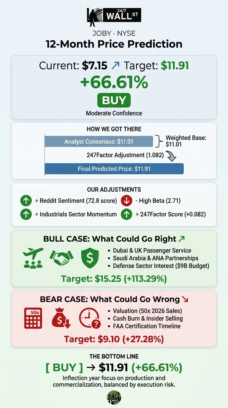 An infographic detailing a 12-month price prediction for Joby Aviation (JOBY). The current price is $7.15, with a target of $11.91, indicating a 66.61% increase and a 'BUY' recommendation with moderate confidence. Sections include 'How We Got There' showing an Analyst Consensus of $11.01, a Weighted Base of $11.01, and a 247Factor Adjustment of (1.082), leading to a Final Predicted Price of $11.91. 'Our Adjustments' lists positive factors like Reddit Sentiment (72.8 score) and Industrials Sector Momentum, and negative factors like High Beta (2.71), plus a positive 247Factor Score (+0.082). A 'Bull Case' section highlights potential positives like Dubai & UK Passenger Service, Saudi Arabia & ANA Partnerships, and Defense Sector Interest ($9B Budget), with a target of $15.25 (+113.29%). A 'Bear Case' section lists risks such as Valuation (50x 2026 Sales), Cash Burn & Insider Selling, and FAA Certification Timeline, with a target of $9.10 (+27.28%). The bottom line reiterates the 'BUY' recommendation for $11.91 (+66.61%), noting an inflection year focus on production and commercialization, balanced by execution risk.