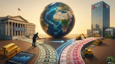 A highly detailed 3D render illustrating a global financial power shift. On the left, a classical US Treasury-style building with an American flag and a sign reading "US DOLLAR SYSTEM - SANCTIONS AHEAD". Below it, stacks of gold bars and a tablet displaying a financial chart with "10-YR TREASURY YIELD: 4.66%" and "16.5T". A path made of US dollar bills is partially blocked by a barrier, where a man in a suit is standing. In the center, a large, glowing globe shows interconnected financial flows. On the right, a modern skyscraper with "中国银行 PBOC" and "CIPS" logos. A path of Chinese Yuan bills is being constructed with bulldozers and excavators, leading towards the building. A large arrow spans the scene, indicating a transition from the dollar path to the yuan path. The overall mood suggests a significant economic reorientation at sunset.