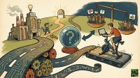 A conceptual illustration showing a factory and industrial road on the left and a man on a stationary bike on a treadmill on the right, separated by a crystal ball with a question mark.